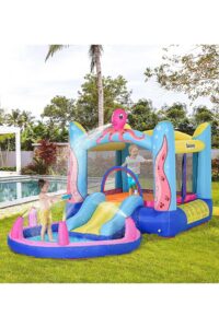Outsunny Bouncy Castle Trampoline Slide Pool - Octopus Design - Blue